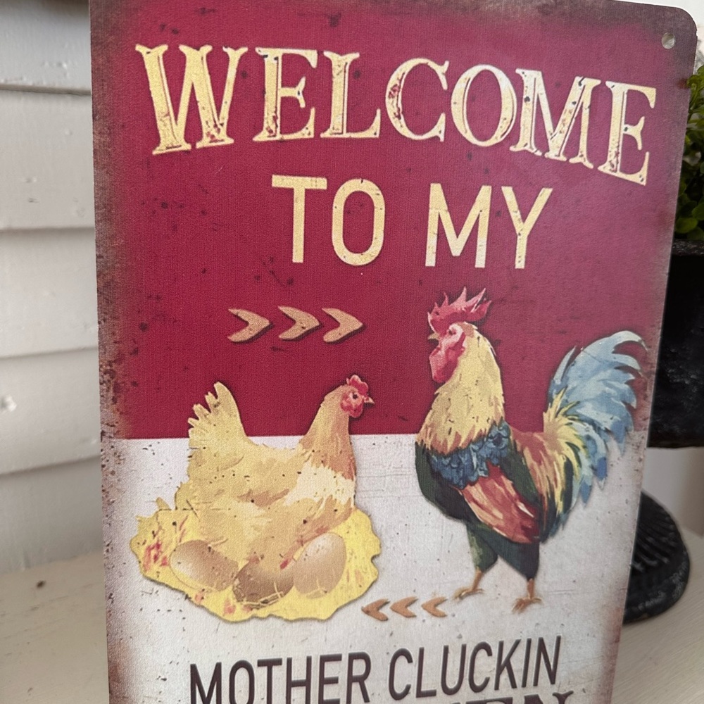 Red and White Rooster Welcome Sign